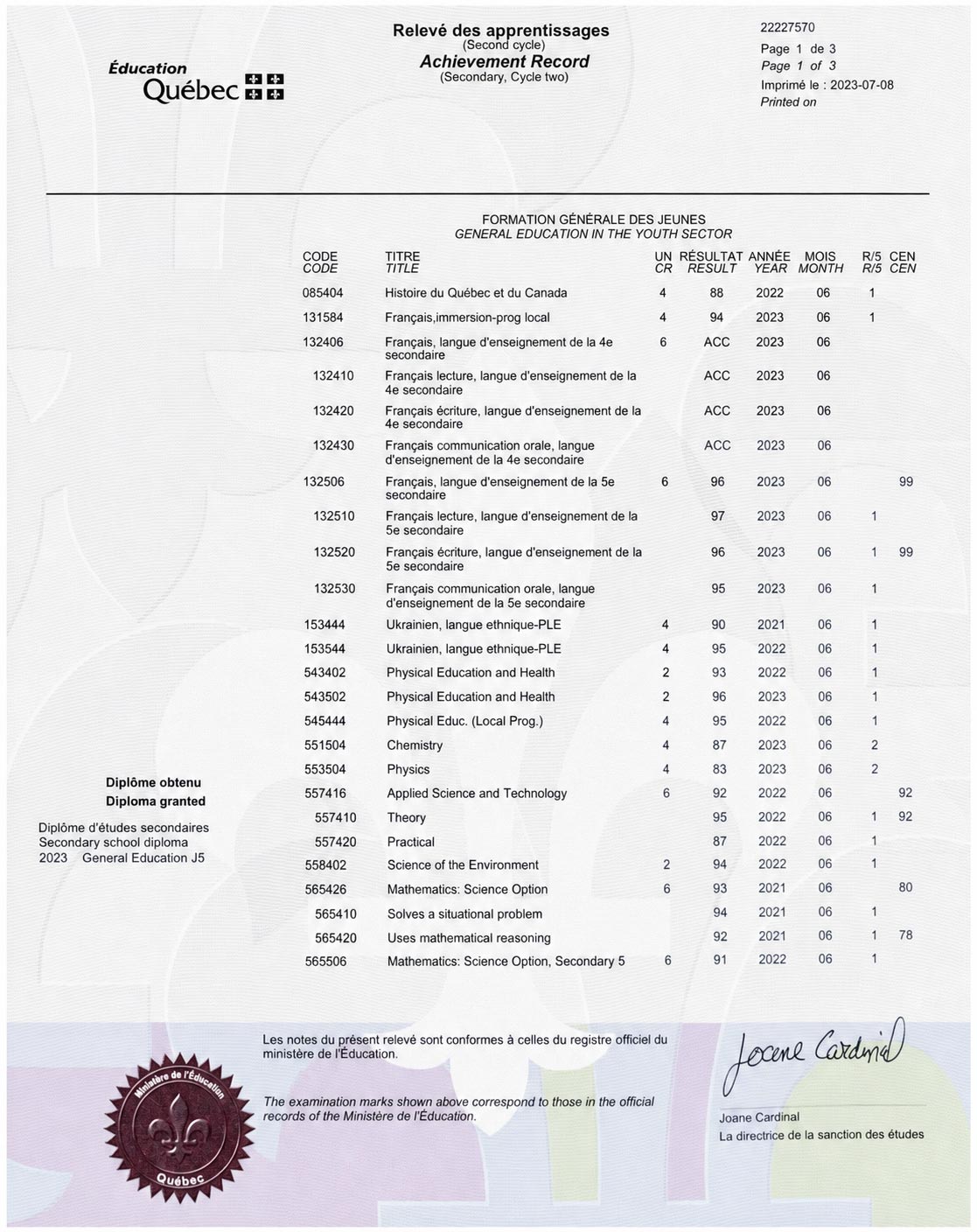 Required MEQ transcript example